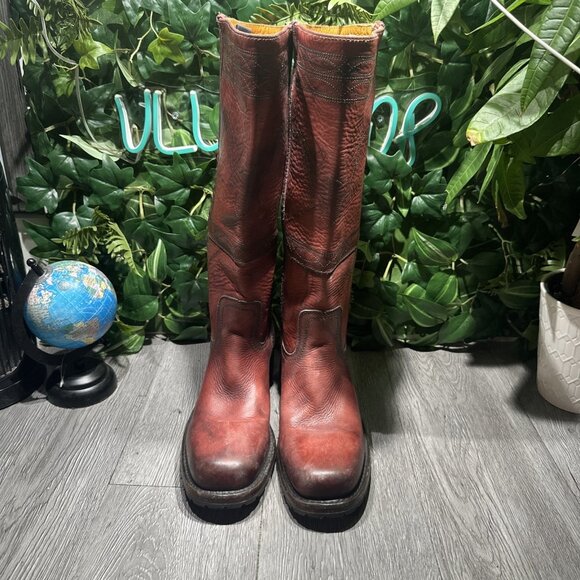 Vtg 70s Frye Campus Boot Longhorn Red Square Toe Black Label Women 9.5 B New - Picture 2 of 12